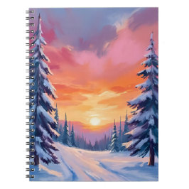Caderno Espiral Pôr do Sol de Neve de Inverno | Pintura em Aquarel