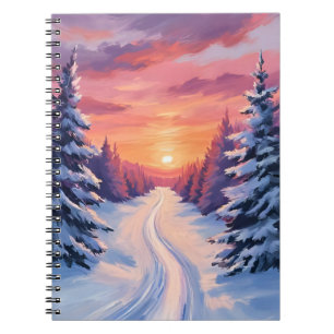 Caderno Espiral Pôr do Sol de Pinheiros de Inverno   Aquarela Past