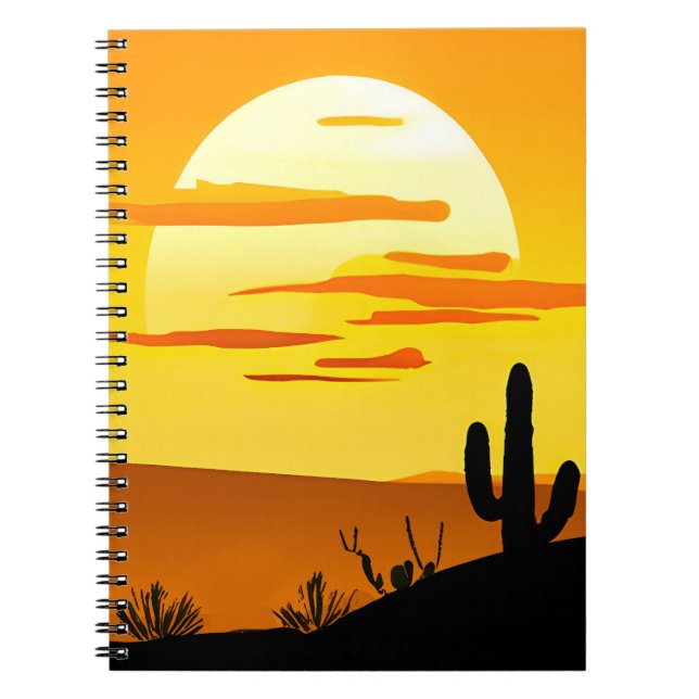 Caderno Espiral Pôr do sol do deserto do sudoeste com cacto  (Frente)