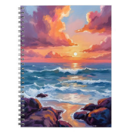 Caderno Espiral Pôr do Sol Dourado no Oceano | Aquarela Costeira R