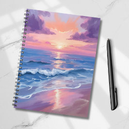 Caderno Espiral Pôr do Sol Lavanda Roxo Praia Oceano Aquarela