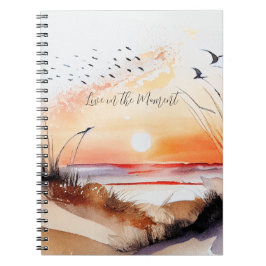 Caderno Espiral Pôr do Sol na Praia com Pássaros