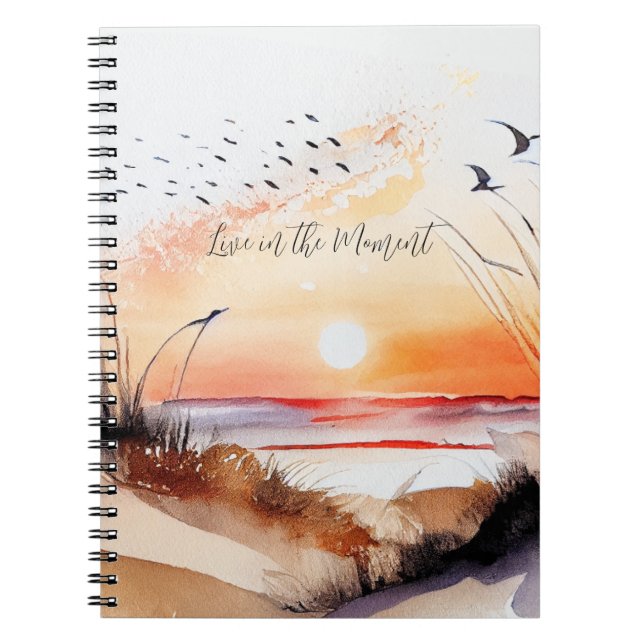 Caderno Espiral Pôr do Sol na Praia com Pássaros (Frente)