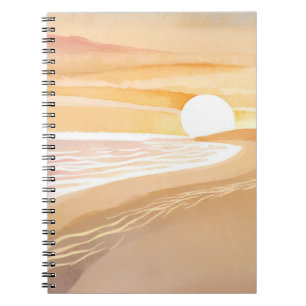 Caderno Espiral Pôr do Sol na Praia em Aquarela   Belo Oceano Amar
