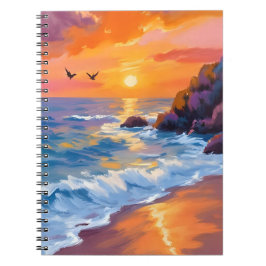 Caderno Espiral Pôr do Sol na Praia Laranja | Pintura Costeira