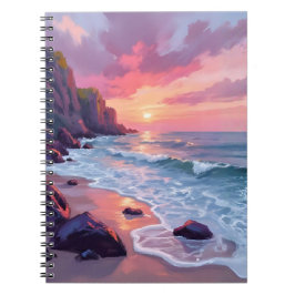 Caderno Espiral Pôr do sol no oceano em tons pastel de rosa Ondas 