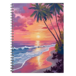 Caderno Espiral Pôr do Sol no Paraíso | Praia Tropical Rosa em Aqu