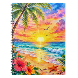 Caderno Espiral Pôr do sol no Paraíso Tropical Arte de Praia em Aq