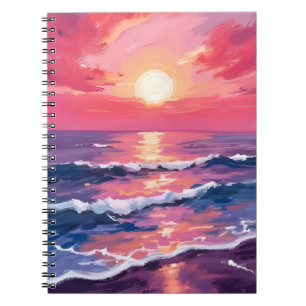 Caderno Espiral Pôr do sol rosa ondas do oceano roxo aquarela