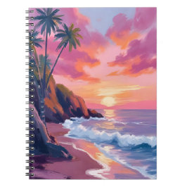 Caderno Espiral Pôr do Sol Tropical Rosa Oceano Aquarela