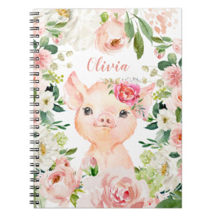Caderno Espiral Porco Cinto com Flores Cor-de-Rosa Esbranquiçadas