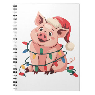 Caderno Espiral Porco de Luzes de Natal Vestindo Chapéu de Natal -