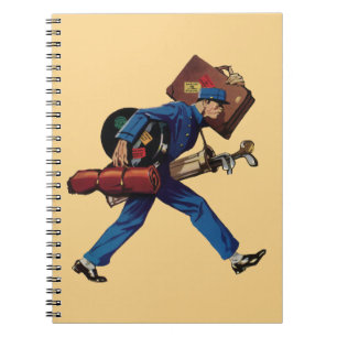 Caderno Espiral Porteiro vintage em uniforme, mala e taco de golfe