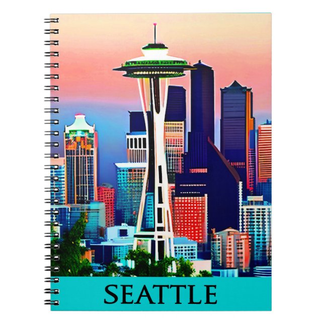 Caderno Espiral Poster de viagens de Seattle no céu amanhecer (Frente)