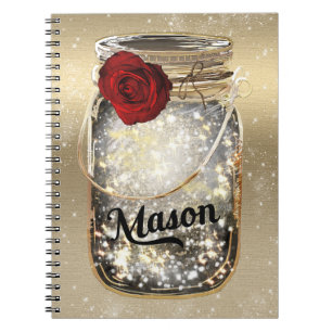 Caderno Espiral Pote de Vidro Glamour Brilho Dourado Rosa Vermelha