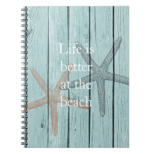 Caderno Espiral Praia Blue Faux Wood Starfish
