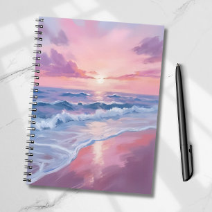 Caderno Espiral Praia de Algodão Doce   Pintura de Ondas do Oceano