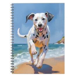 Caderno Espiral Praia de Cão Dalmata Aquarela Pintura de Animal de