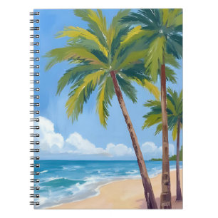 Caderno Espiral Praia de Palmeira   Pintura Azul Tropical em Aquar
