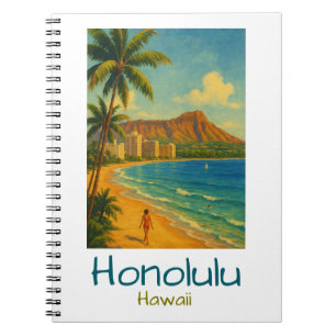 Caderno Espiral Praia de Retro Honolulu Hawaii Waikiki
