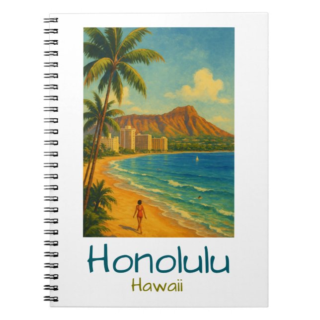 Caderno Espiral Praia de Retro Honolulu Hawaii Waikiki (Frente)