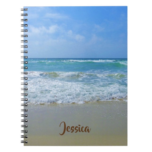 Caderno Espiral Praia e Mar com Waves Nome Personalizado (Frente)