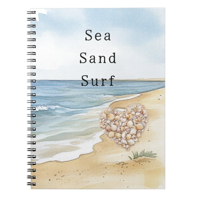 Caderno Espiral Praia Oceano Mar Conchas Coração (Frente)