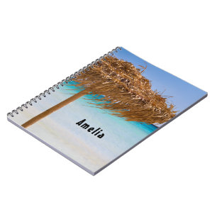 Caderno Espiral Praia Tropical Cênica com Guarda-Chuva de Palha