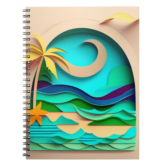 Caderno Espiral Praia Tropical de Papercraft 3D (Frente)