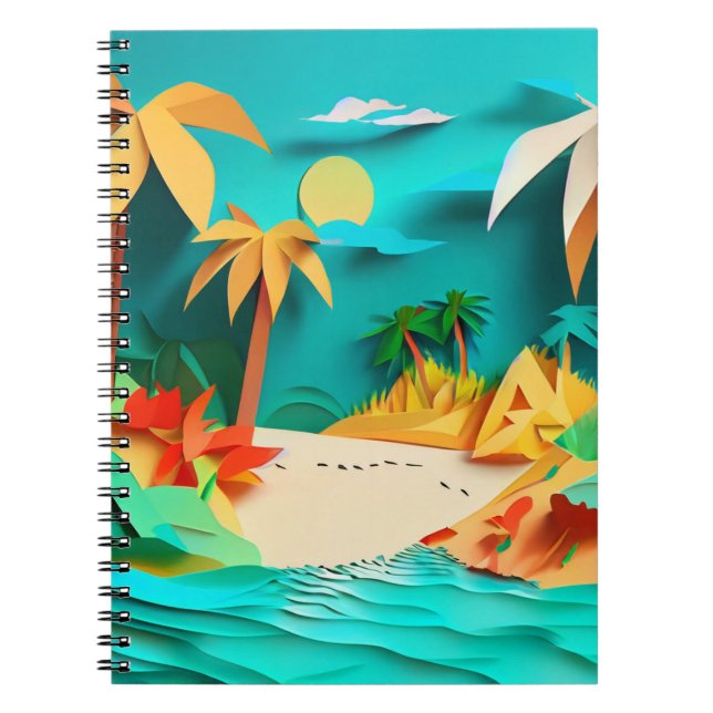 Caderno Espiral Praia Tropical de Papercraft 3D (Frente)
