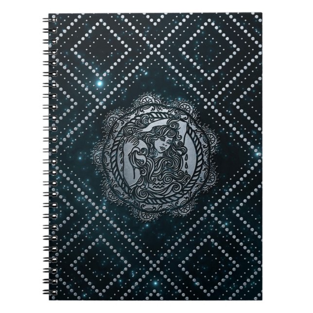 Caderno Espiral Prata do zodíaco do Aquário gravada no céu da (Frente)
