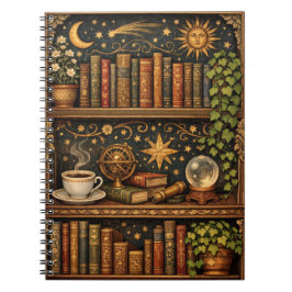 Caderno Espiral Prateleira de livros celestial retrô amante do caf