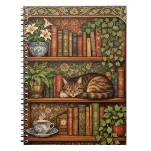 Caderno Espiral Prateleira de livros vintage com gato e café