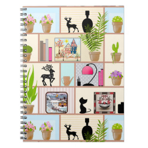 Caderno Espiral Prateleiras com flores, livros e decorações