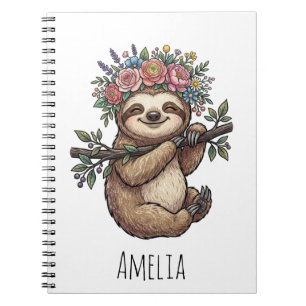 Caderno Espiral Preguiça Floral Fofa Personalizada com Coroa de Fl