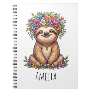 Caderno Espiral Preguiça Floral Fofa Personalizada com Coroa de Fl