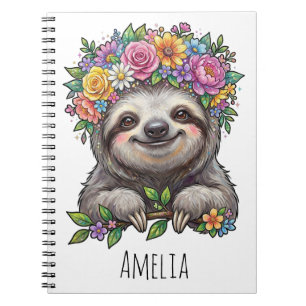 Caderno Espiral Preguiça Floral Fofa Personalizada com Coroa de Fl