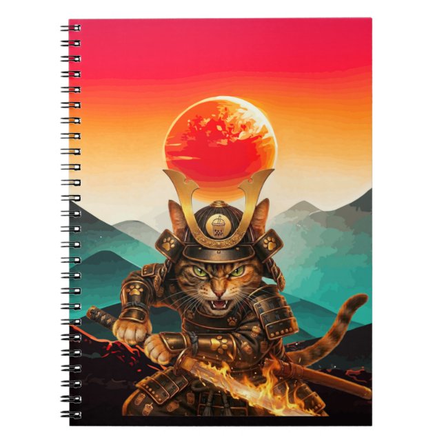 Caderno espiral Premium Samurai Cat Warrior Sunset (Frente)