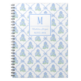 Caderno Espiral Preppy Trellis Bow Blue & Green Hydrangeas Monogra