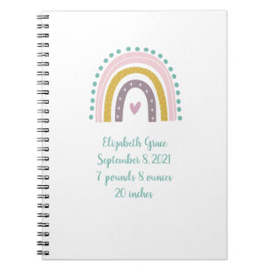 Caderno Espiral Presente de Bebê Boho Arco-Íris Rosa Turquesa Dour