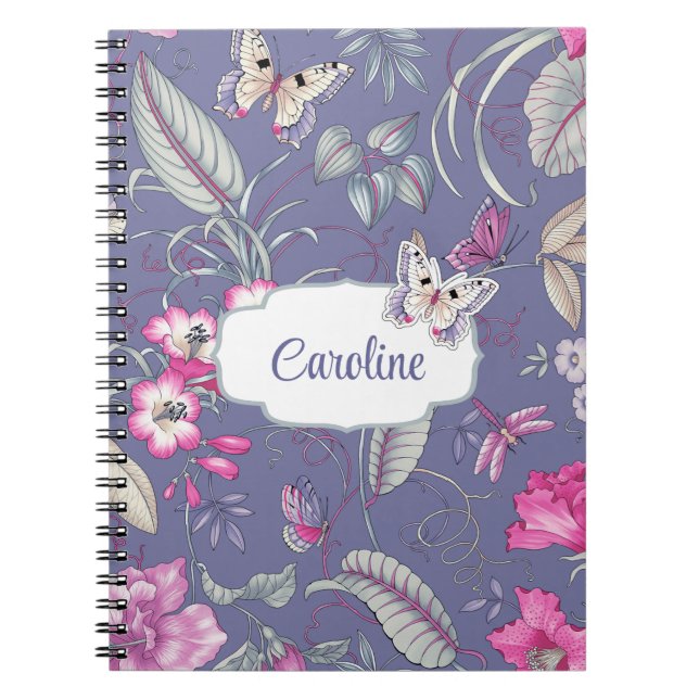 Caderno Espiral Presente de Nome Personalizado de Flores e Borbole (Frente)