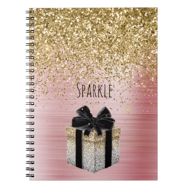Caderno Espiral Presente Glitter Dourado Arco Preto Dourado (Frente)