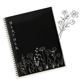 Caderno Espiral Presente Preto Personalizado Boho Wildflower para