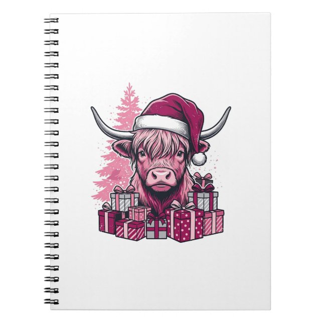 Caderno Espiral Presentes de Natal da Vaca de Terras Altas Rosa Ar (Frente)