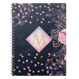 Caderno Espiral Presentes Rosa Floral Feminino Monograma Dourado R