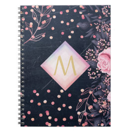 Caderno Espiral Presentes Rosa Floral Menina Monograma Rosê Dourad