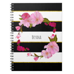 Caderno Espiral Preto Branco e Dourado Moderno Floral Chic Glam