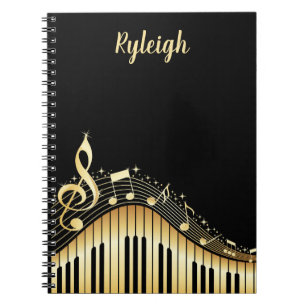 Caderno Espiral Preto Clássico e Personalizado Musical Dourado