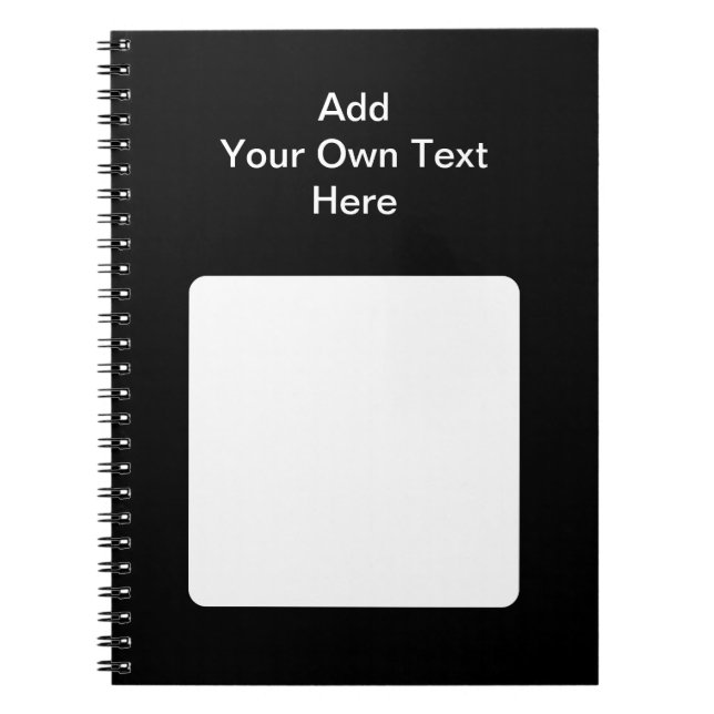 Caderno Espiral Preto com área branca e texto personalizado. (Frente)