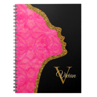 Caderno Espiral Preto Cor-De-Rosa Brilhante E Face Brilhante Doura